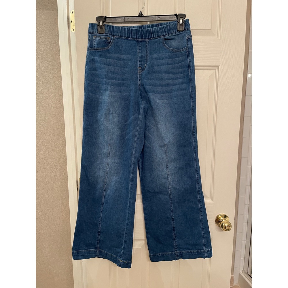Women Blue‎ Wide Leg Pull On Denim Jeans Elastic Waist Front Seam Detail Medium - Picture 2 of 16